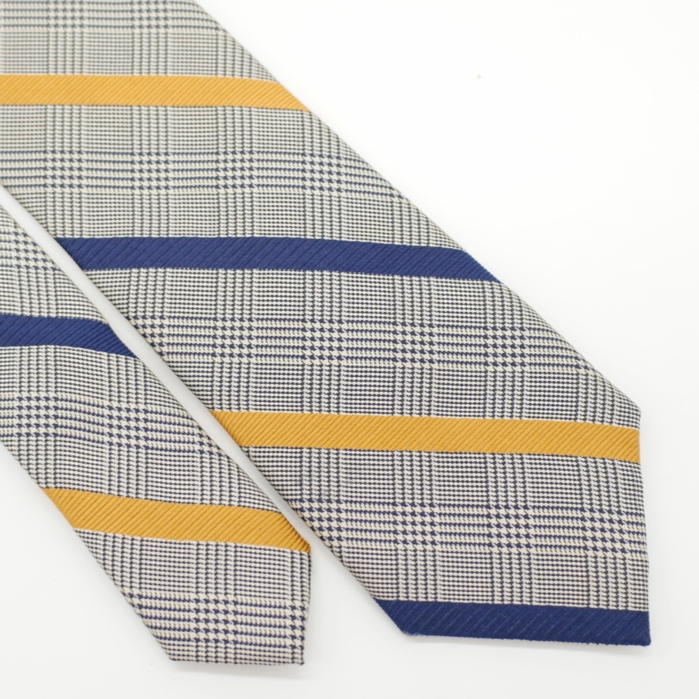 Jos A Bank 1905 Woven Blue Gold Plaid Striped Cream Skiny Silk Tie